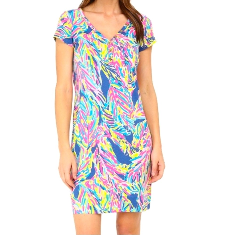 Lilly Pulitzer Palmira Dress Indigo Palm Reader Print Tropical Beach Size XS